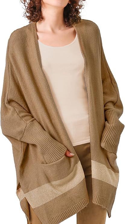 moss rose 女式前开襟开衫条纹蝙蝠袖毛衣宽松带口袋